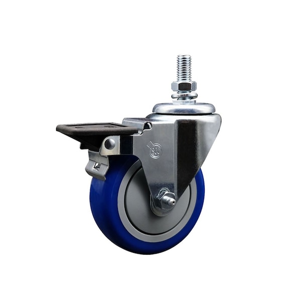 Service Caster 4 Inch Blue Polyurethane 12 Inch Threaded Stem Caster with Brake SCC-TS20S414-PPUB-BLUE-PLB-121315 - main